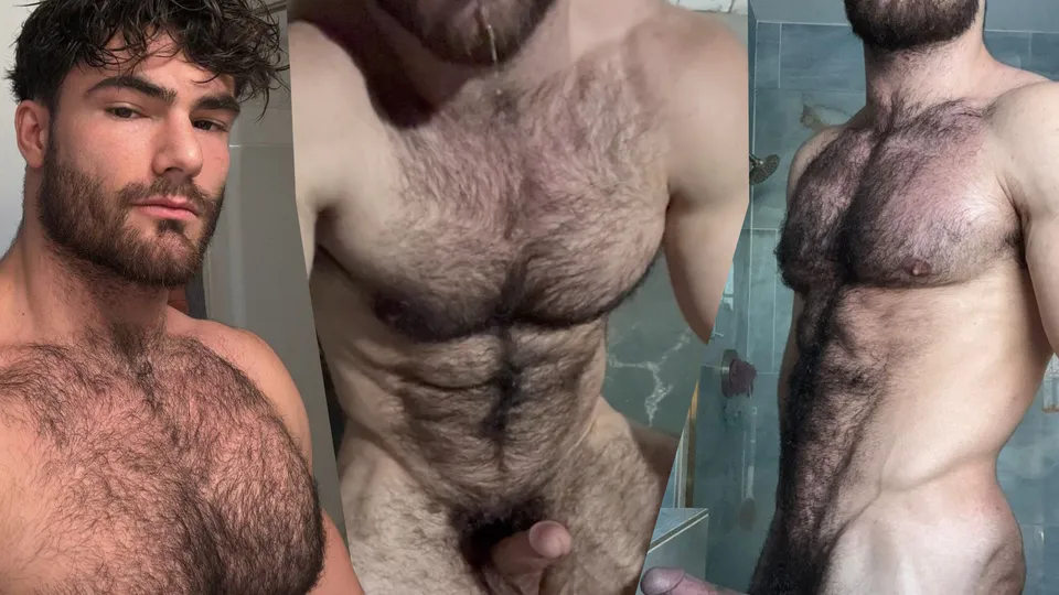 Hairy muscle jock uses spit to lube up his cock to cum