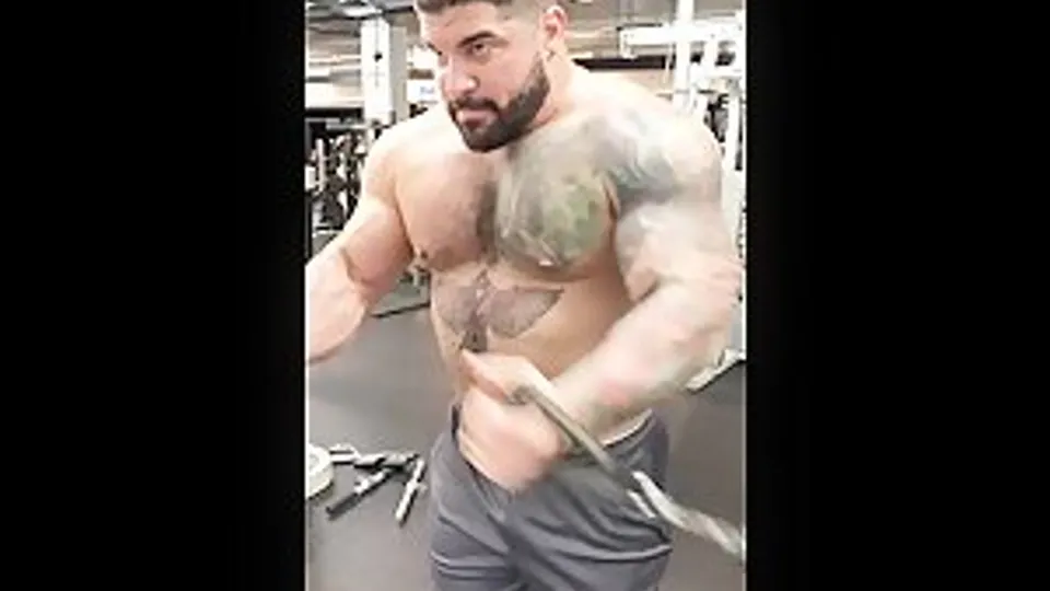 handsome huskular bull, shirtless in the gym