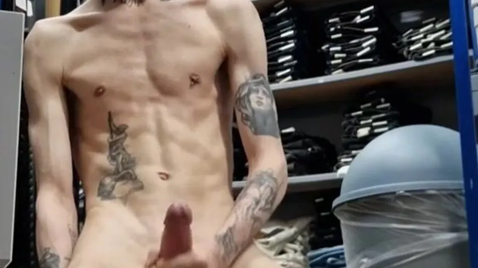 Tattooed Twink Jerks Off & Cums in Stockroom