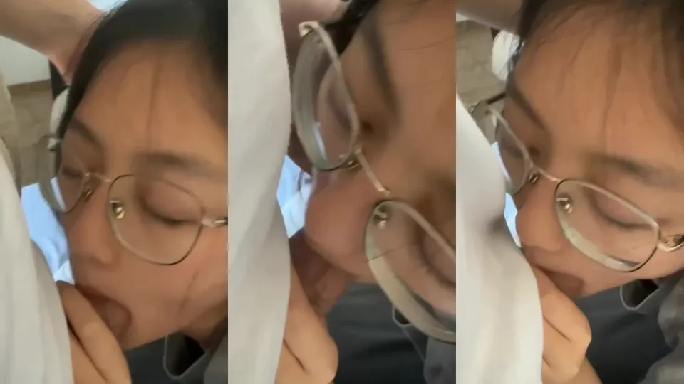 Innocent girl with glasses gives blowjob  