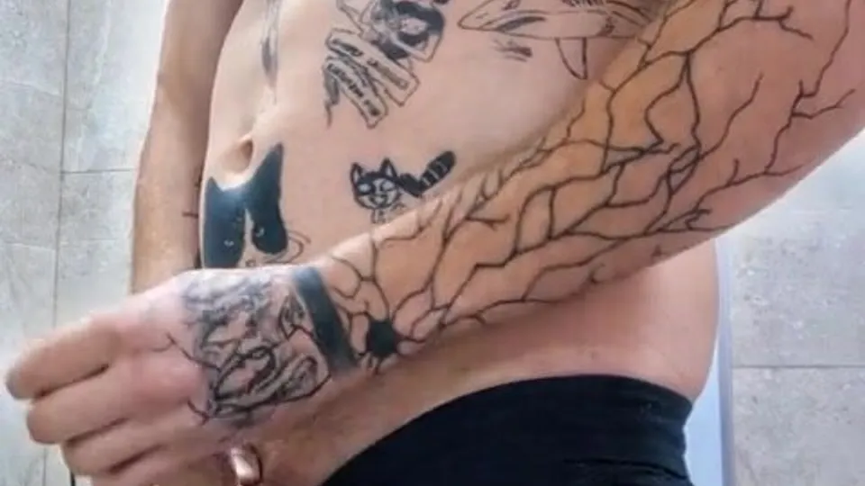 Two guys with tattoos fuck raw in the bathroom