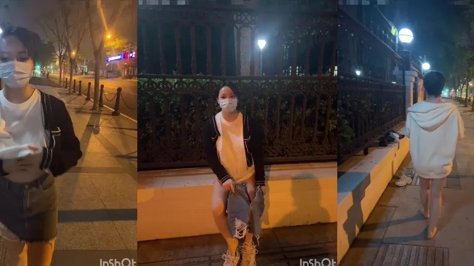 Late at night, the young lady boldly exposes herself outdoors on the streets of Shanghai. The young lady has big eyes and is very elegant. She strips naked in a convenience store and reveals her white tiger bud 