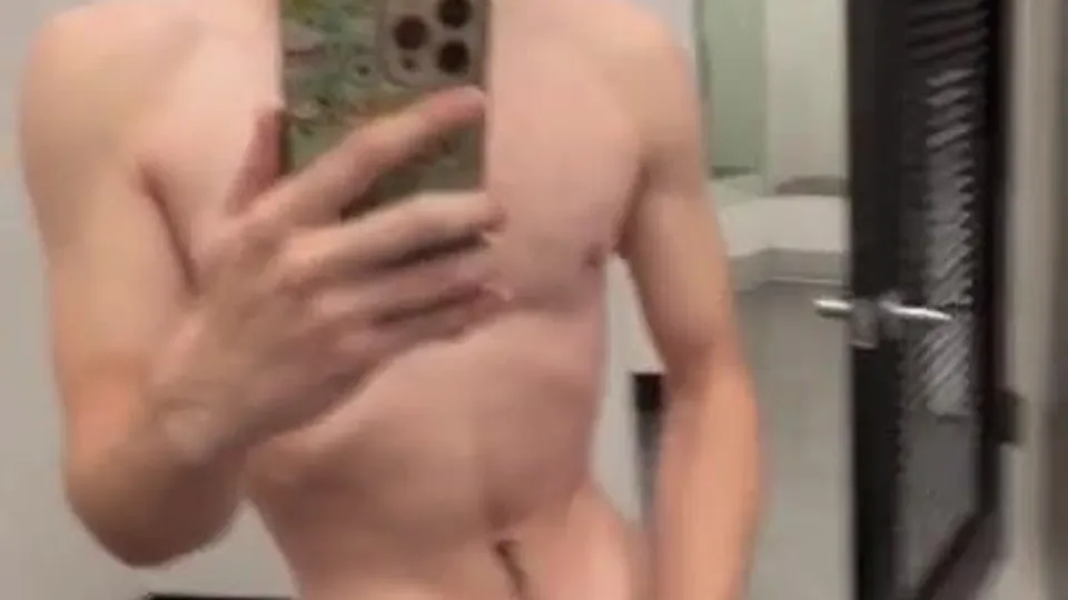 Lean nerdy twunk dude undresses and ejaculates in public dressing guest room with door open