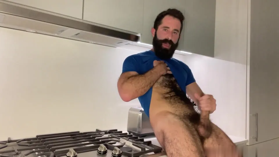 Hairy Man Jerks Off in Kitchen