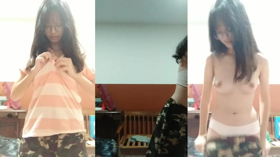 Malaysian escort with glasses strips naked and puts it back on 
