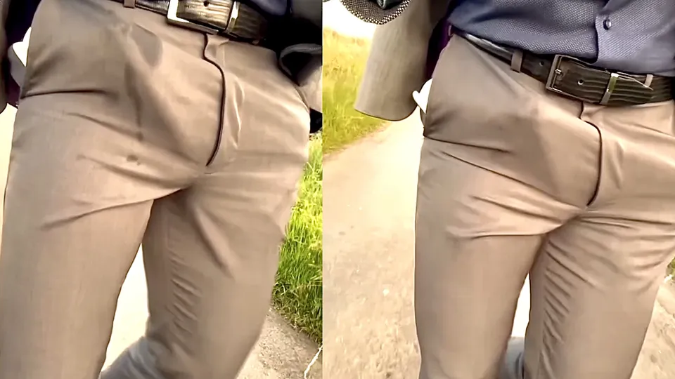 Man cums hands free in his dress pants, outdoors public - ThisVid.com