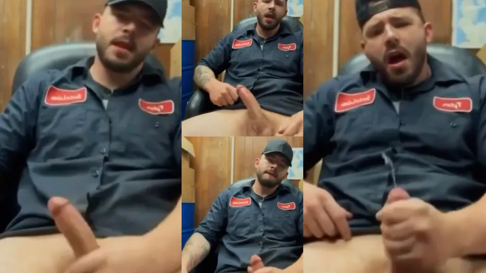 Mechanic jerking his cock off in the office & cumming - ThisVid.com