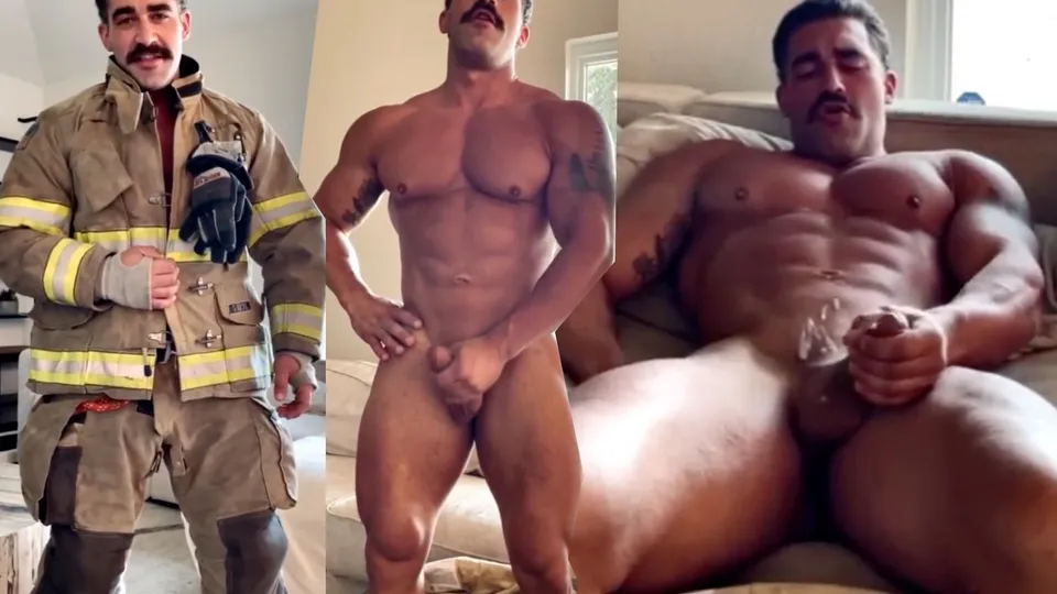 Muscle firefighter jerking his hose until it cums - ThisVid.com