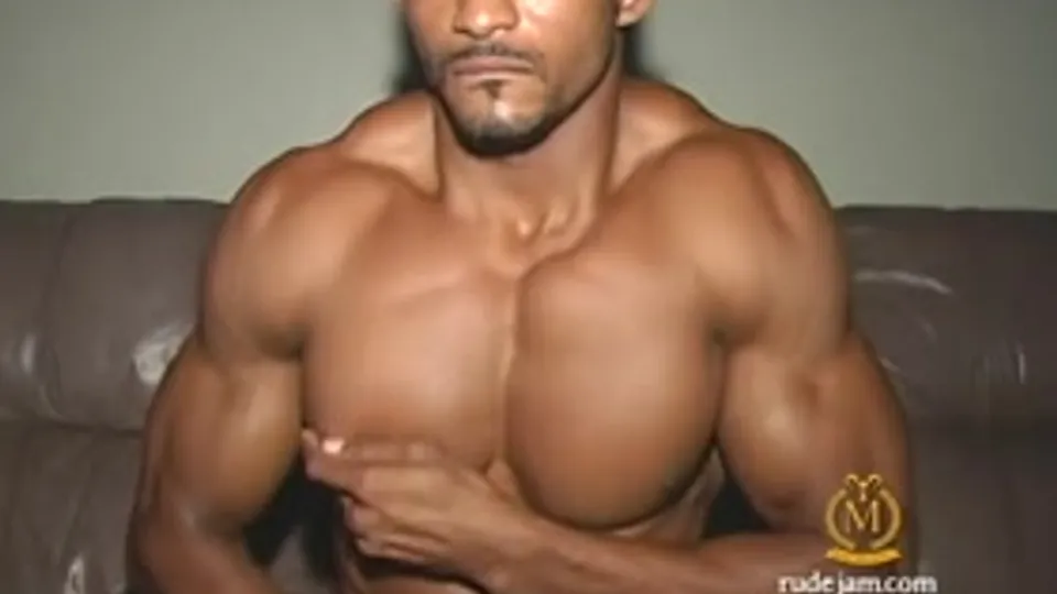 Muscle Hunk's Huge Swollen Pecs while he works his Cock
