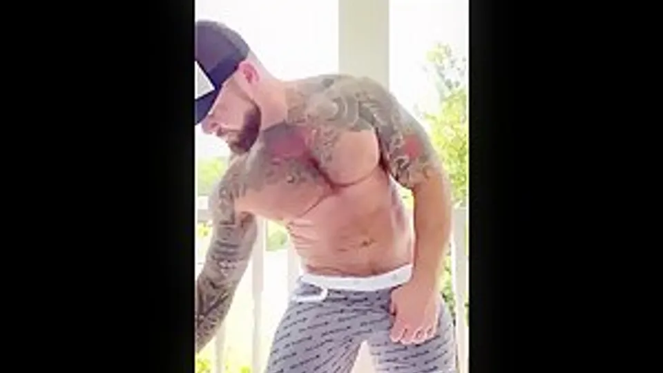 muscledad leaks cum on the front porch then eats it
