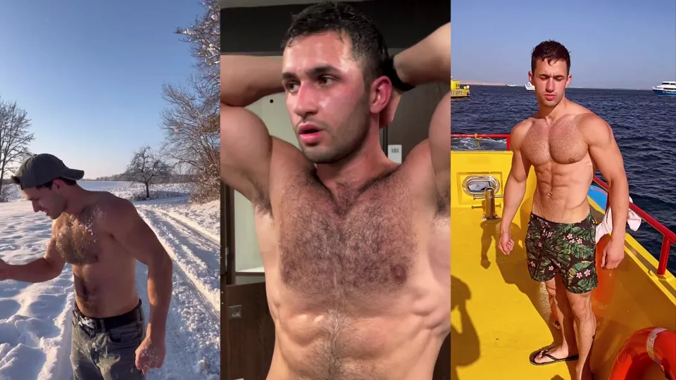 Muscular hairy hunk flexing pecs split screen - ThisVid.com