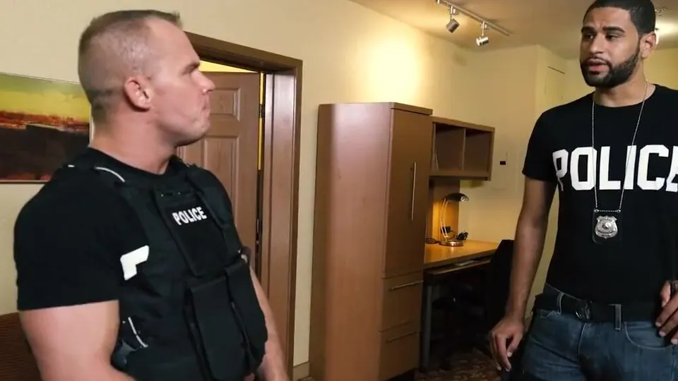 Muscular police officer dominates a twink and fucks his ass hard