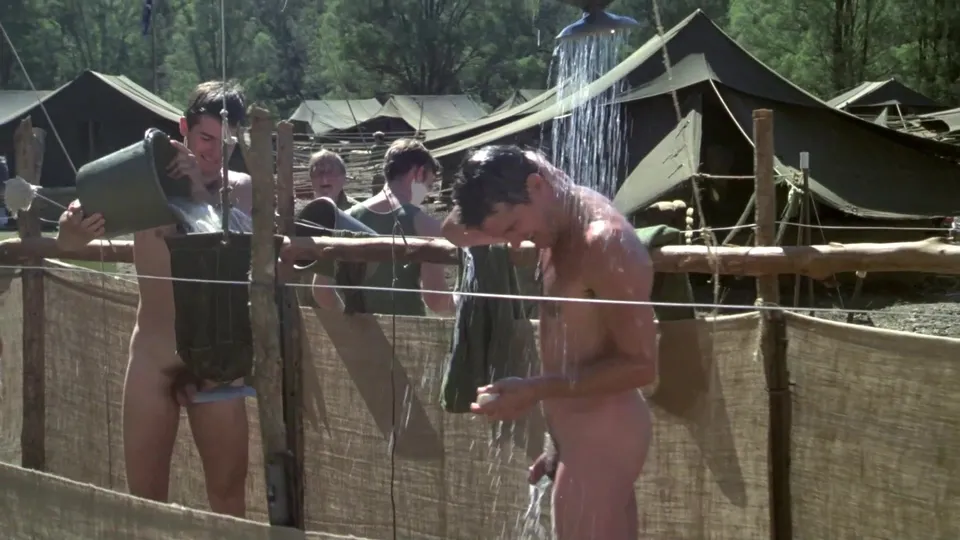 Naked actors shower in a military camp - ThisVid.com