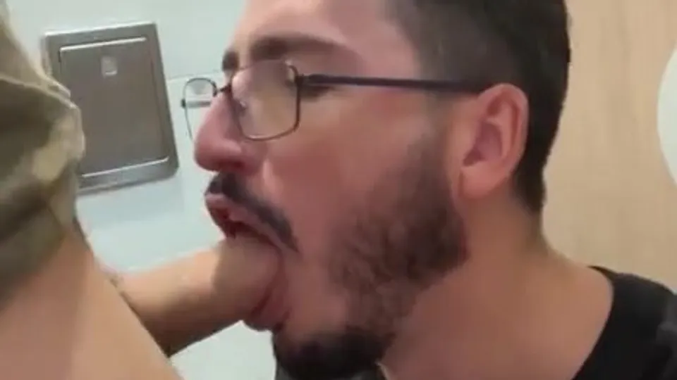 Nerdy guy sucks cock in public toilet action gets cum o - ThisVid.com