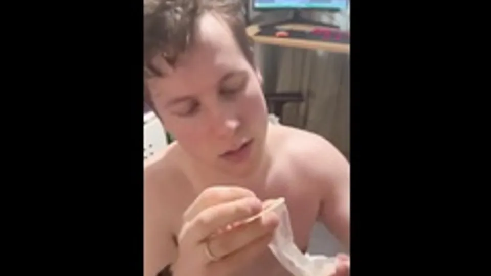 Norwegian sub twink drinks cum from condom.