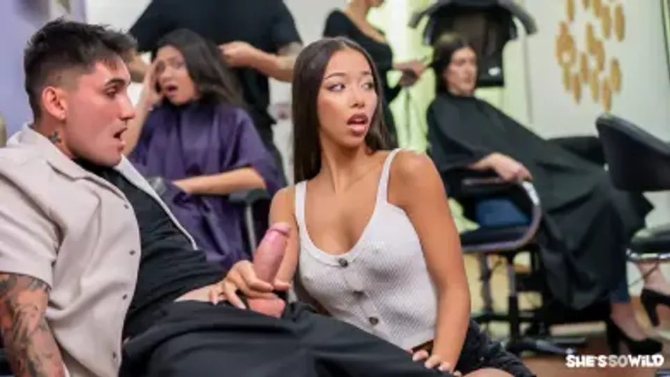Petite Girl Rides Big Cock In A Crowded Barbershop on PornDoe.com