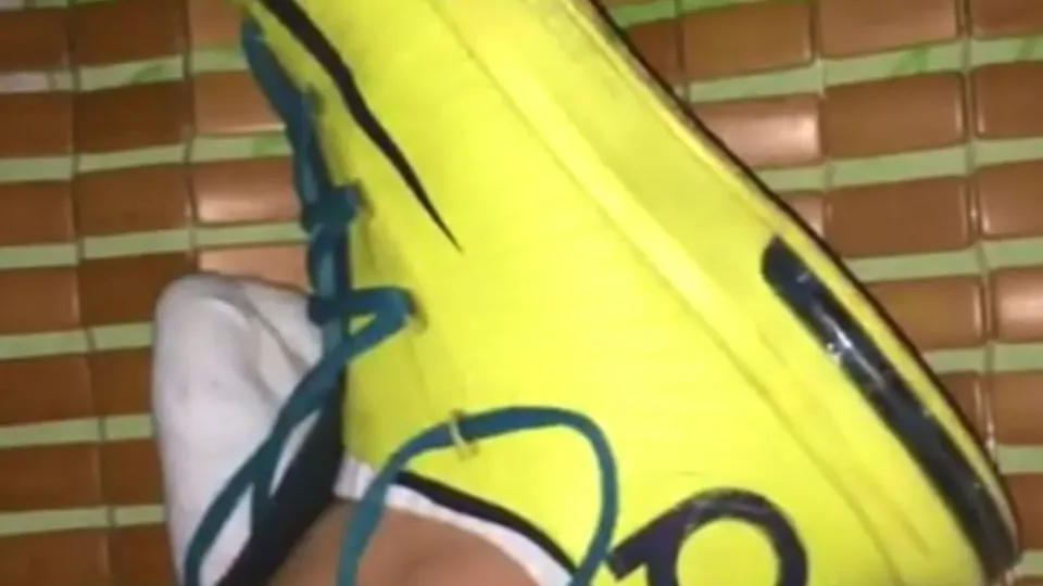 Play with sleeping feet wearing football trainer - ThisVid.com