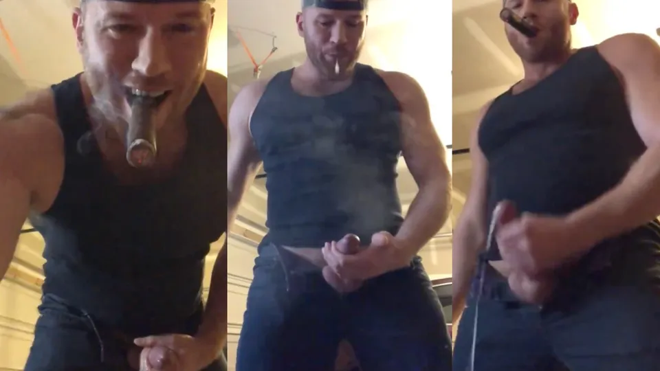 Redneck in garage smoking cigar, jerking cock & cumming - ThisVid.com
