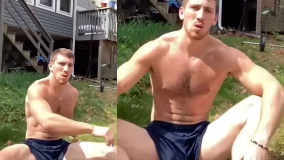 Redneck jock in his yard stretching w/his cock out - ThisVid.com