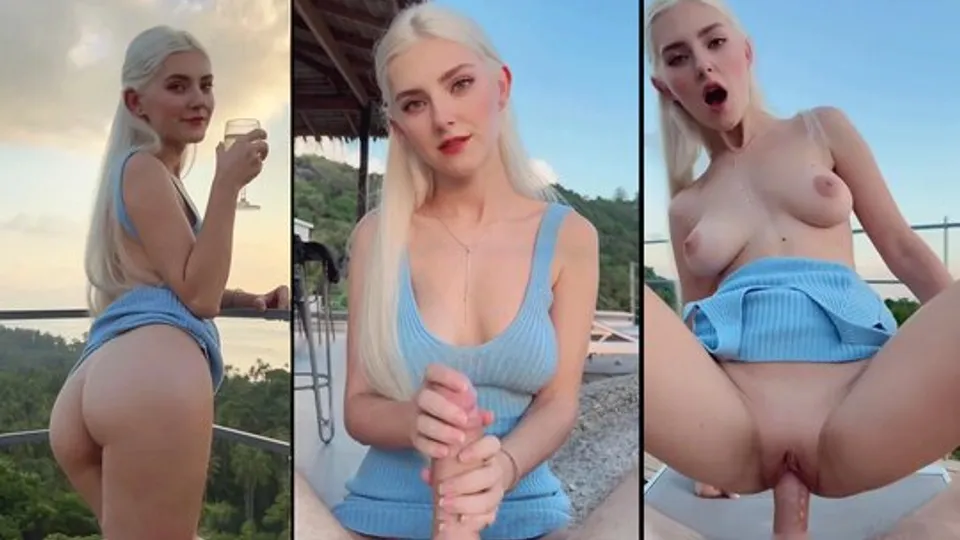 Russian blonde with natural tits jerks off guy 