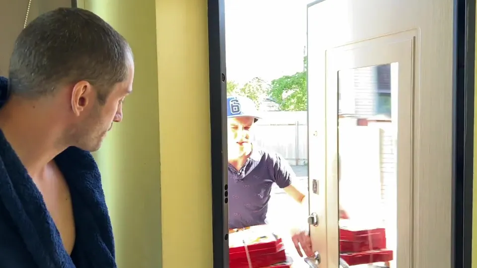 Seduced the pizza delivery man and fucked his tight ass on the table