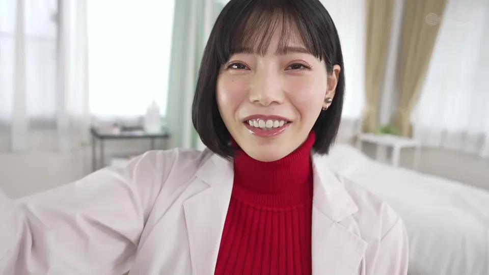 Asian Girl in White Coat Teases with Red Turtleneck