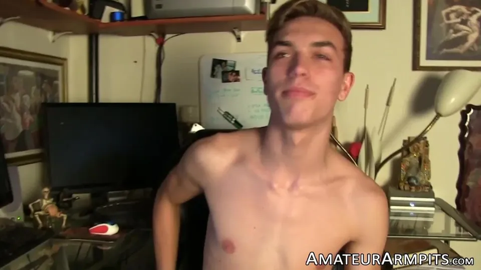 Skinny blond Atlas Evan wanking his dick hard until ejaculation