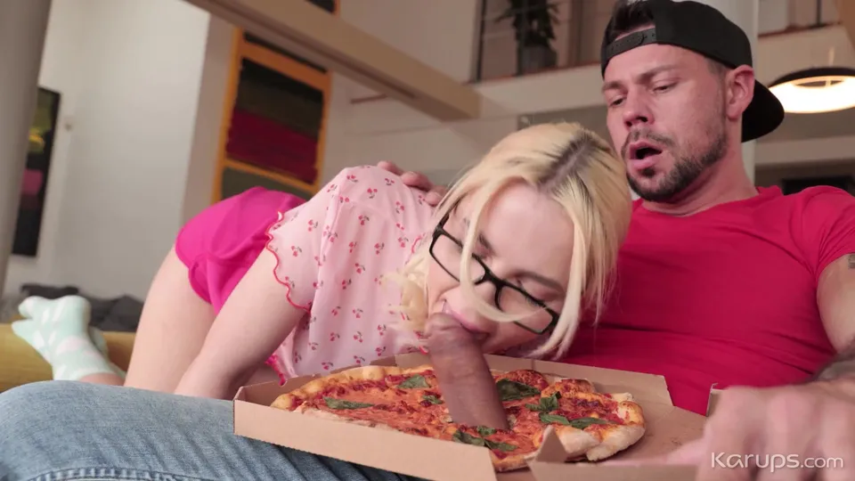 Slim Nerdy Blonde Can't Resist the Temptation To Taste & Try a Hefty BWC, Sticking Out Of the Pizza