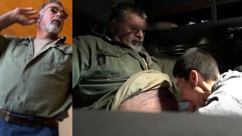 Southern Masc Mature Trucker seduced, lets a horny shameless dude fondles his hairy body & eats his dick