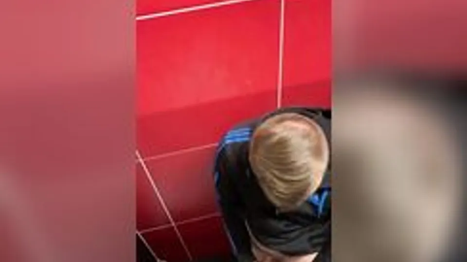Spying on a blond guy cumming in the toilet