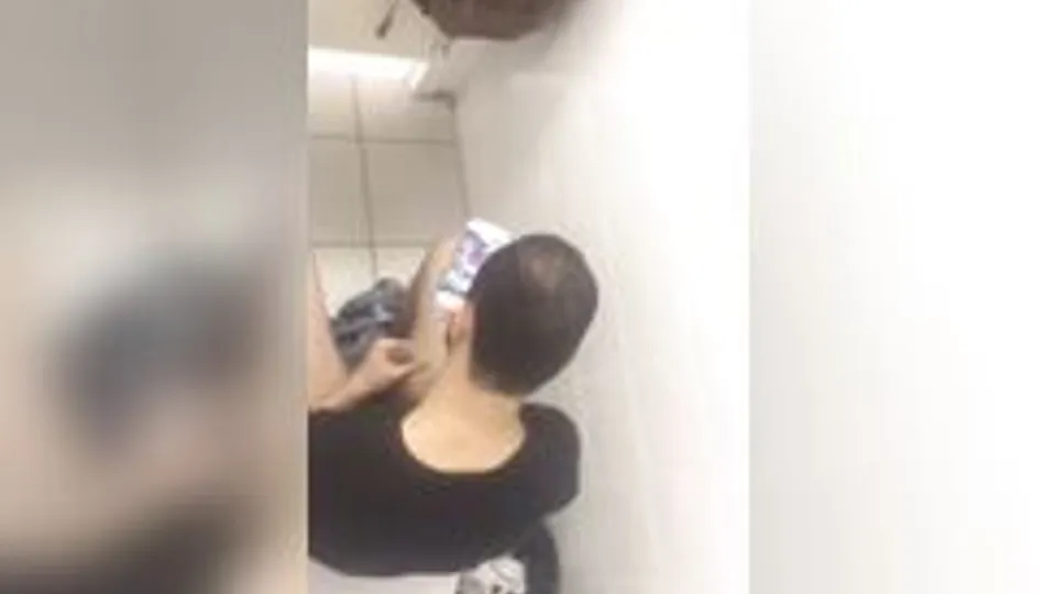 Spying on a guy with a Giant Dick jerking off in the toilet