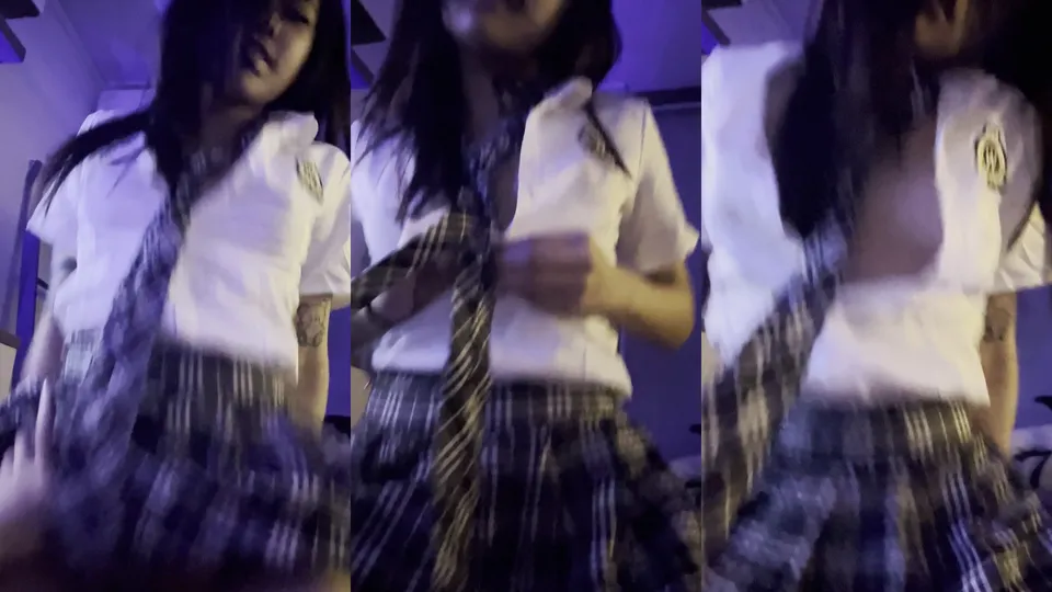 Super cute Singaporean girl wearing school uniform COS and doing it by herself 