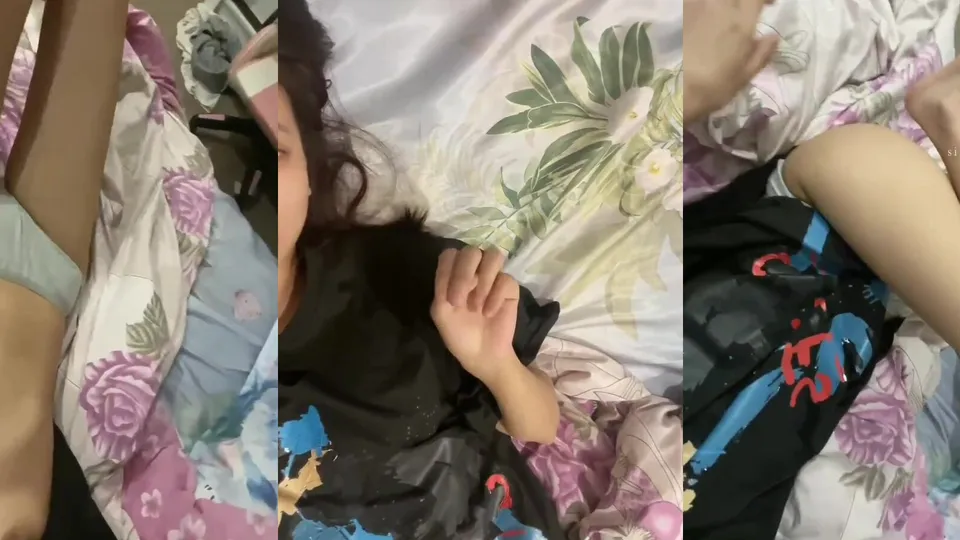 The girl lays down on the bed and takes a selfie of her beautiful legs and pussy 