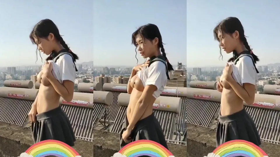 The girl with double pigtails in sailor suit exposed her breasts on the rooftop 