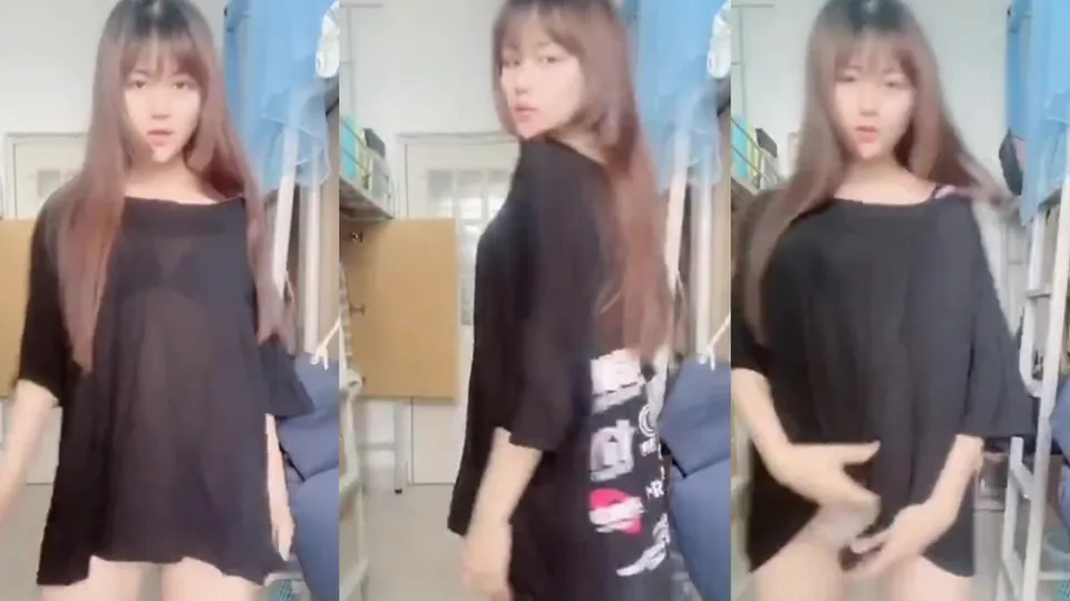 The school girl in the dormitory takes off her clothes and bites her panties 