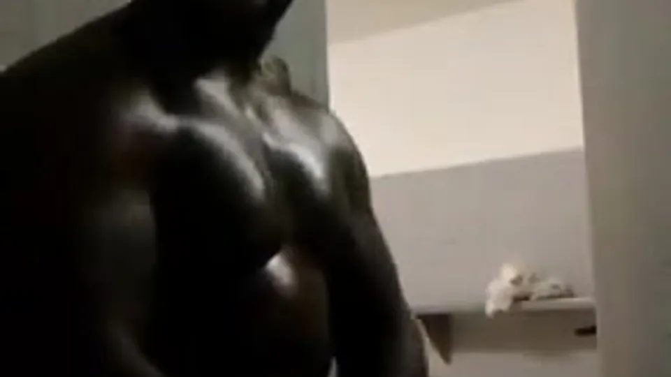Thick black dude busts nut in shower - ThisVid.com
