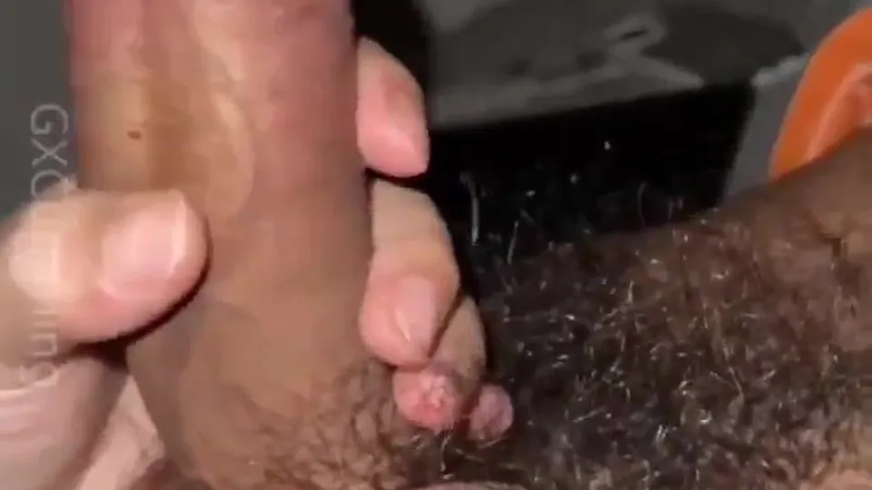 Thick cum shot, dripping in his pubes and mouth