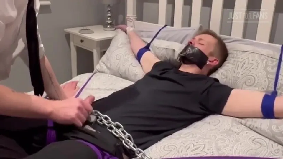 Tied up lad forced to cum