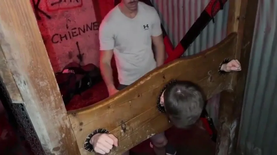 Trapped & fucked in wooden stocks - ThisVid.com