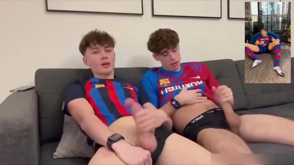 Two really hot twinks fuck bareback in Barca soccer Kit