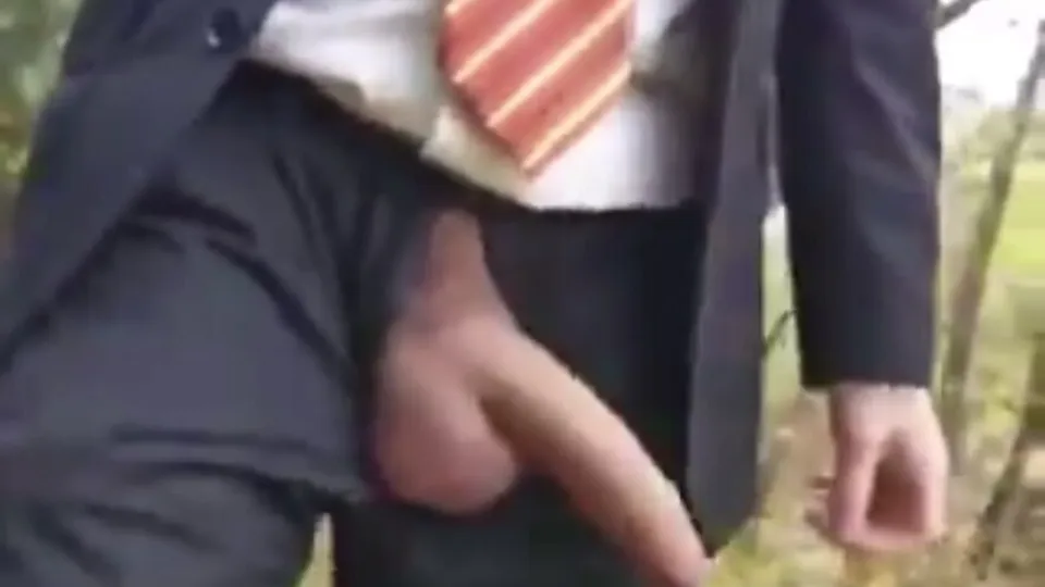 Worker flashing and stroking uncut meat in forest - ThisVid.com